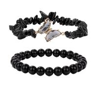 UBOHUZ Set da 2 pezzi Braccialetto a farfalla con perline di quarzo ossidiana ametista romantico da donna Braccialetti elastici for il pendolarismo quotidiano Per Donna(Black)