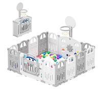 UBRAVOO Box per Bambini Pieghevole con Mini Canestro da Basket e 50 Pz Palline Colorate,Box a Tema Auto per Neonati e Bambini Piccoli, Grande e Divertente Centro Attività al Coperto(14 Pannelli)