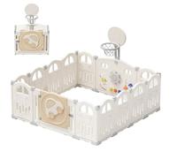 UBRAVOO Box per bambini pieghevole con mini canestro da basket e palline colorate da 50 pezzi, box a tema auto per neonati e bambini piccoli (14 pannelli, Bianco Latte)