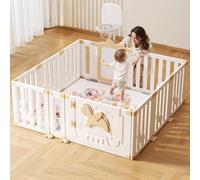 UBRAVOO Recinto per bambini con canestro da basket, recinto di sicurezza per bambini Angel Horse con lavagna bianca e 30 palline colorate da buca, per interni o esterni (cachi, 12 pannelli)