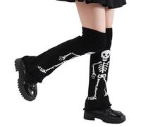 Ubxvamm Calzini da donna con scheletro e teschio, scaldamuscoli giapponesi punk lavorati a maglia, sopra il ginocchio, calzini lunghi svasati per Halloween