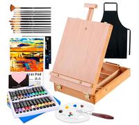 UCAMP Cavalletto Pittura,Cavalletto da Tavolo,Set di pittura acrilica da 44 pezzi,24 colori acrilici,12 pennelli,Spatola, Grembiuli,Tavolozza Colori e Tela A4,per Professionisti e Hobbisti