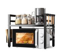 UCAMP Mensola Microonde Estensibile,Regolabile Due Livelli Microonde Scaffale,Mensola Microonde Regolabile e Salvaspazio Scaffale da Cucina (40-64cm),Supporto Microonde con 6 Ganci