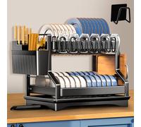 UCAMP Scolapiatti da Appoggio,Scolapiatti da Lavello con sgocciola piatti da appoggio,2 livelli Scolapiatti nero con porta utensili,portabicchieri,supporto per taglieree vassoio antigoccia