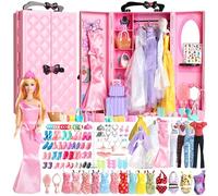 UCanaan Set di 180 capi di abbigliamento per bambole con accessori, abiti da principessa, vestiti, top, pantaloni, scarpe e appendiabiti, set completo di guardaroba per bambole, ideale per bambini dai