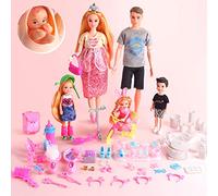 UCanaan Set di 6 bambole di famiglia con papà incinta mamma 3 bambini e bambino nella pancia della mamma e 70 pezzi accessori per istruzione e regalo di compleanno