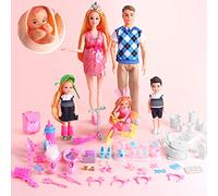 UCanaan Set di 6 bambole di famiglia con papà incinta mamma 3 bambini e bambino nella pancia della mamma e 70 pezzi accessori per istruzione e regalo di compleanno