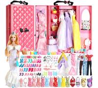 UCanaan Set di vestiti e accessori per bambole, 180 pezzi, abiti da principessa, abiti, top, pantaloni, scarpe, grucce, guardaroba per bambole alla moda, età 3+