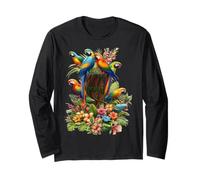 Uccelli tropicali colorati e piante rigogliose vibranti Maglia a Manica