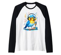Uccello Blu Che Canta con Cuffie e Microfono Maglia con Maniche Raglan