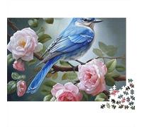 Uccello Blu Floreale Puzzle Difficile da 1000 Pezzi per Adulti, Ghiandaia Blu, Rose Rosa, Ramo, Uccello, Premium, Spesso, Resistente, Alta Qualità, Vivace, Stimolante, Antistress 70x50cm/1000pz