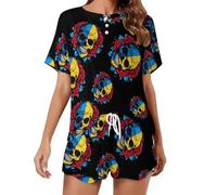 Ucraina Bandiera Cranio Rosa Set Pigiama Delle Donne Manica Corta Camicia E Pantaloncini 2 Pezzi Loungewear Sleepwear, Stile:, L
