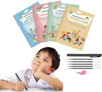 UCRAVO Confezione da 4 quaderni per esercizi magici, per bambini dai 3 ai 6 anni, per la scrittura a mano per matematica, alfabeto, numeri, disegno, fotocopie con pigmento vitale, libro riutilizzabile