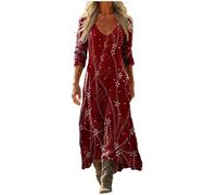 Udbeksid Vestito Donna Primavera Estivo Boho Abito Elegante Vintage Stampa Vestiti Maniche Lunghe 3/4 Maxi Dress Spiaggia Linea ad A Comodo con Tasche per Mare Vacanza 2026 (4XL,28)