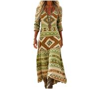 Udbeksid Vestito Donna Primavera Estivo Boho Abito Elegante Vintage Stampa Vestiti Maniche Lunghe 3/4 Maxi Dress Spiaggia Linea ad A Comodo con Tasche per Mare Vacanza 2026 (3XL,31)