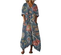 Udbeksid Vestito Lungo Donna Boho Chic - Abito Estivo con Tasche e Scollo a V Elegante Maniche 3/4, Vestito Primavera Kaftano Taglie Mare Copricostume per Vacanze Spiaggia 2026