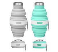 Udbrud 2 Pezzi Borraccia Pieghevole, 500ml Bottiglia Richiudibile in Silicone, Bottiglie Portatili Pieghevoli Senza BPA con Moschettone per Campeggio Ciclismo Viaggi Sport (Blu, Grigio)