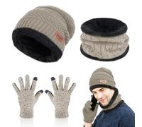 Udbrud Cappello Sciarpa e Guanti Touch Screen Uomo, 3 in1 Inverno Berretto Scaldacollo Guanti Set Uomo Donna 3 Pezzi Cappello Uomo Donna Invernali con Scaldacollo Berretto (Beige)