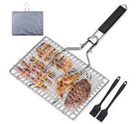 Udbrud Cestino da Barbecue Pieghevole, Cestello per Barbecue Portatile Pieghevole in Acciaio Inossidabile Grill Basket con 2 pcs Spazzola e 1 pcs Borsa per Bistecca di Pesce Gamberetti Verdure