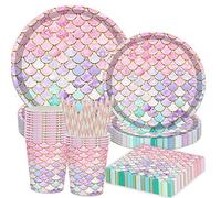 Udbrud Set di stoviglie da festa a forma di sirena, 84 pezzi, per feste di compleanno, feste a tema, anniversari e celebrazioni