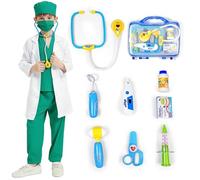 Udekit Costume da Dottore per Bambini con Scatola dei Medicinali, Termometro, Stetoscopio, Siringa, Endoscopio Orale e altro ancora, Camice da Laboratorio Per Bambini dai 4 ai 6 Anni Verde