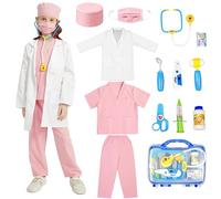 Udekit Costume da Dottore per Bambini con Scatola dei Medicinali, Termometro, Stetoscopio, Siringa, Endoscopio Orale e altro ancora, Camice da Laboratorio Per Bambini dai 9 ai 12 Anni Rosa