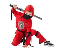 Udekit Costume da ninja rosso con cappuccio, pantaloni, nastri e spada giocattolo per bambini, festa cosplay di Halloween per 4-6 anni