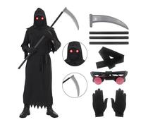 Udekit Grim Reaper Costume Cosplay di Carnevale di Halloween con Falce della Morte e Guanti, Occhiali Luminosi e Maschera per Bambini dai 7 ai 10 anni