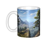 UDFKGLP Tazza in ceramica con motivo di albero di pino di montagna con cervo, per cappuccino, latte, cereali, yogurt, latte, bevande calde o fredde Forno a microonde