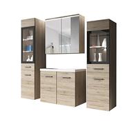 Udine II - Set di mobili da bagno con lavabo e sifone, bagno moderno, completo, con specchio, mobiletto per lavabo, armadietto alto, con illuminazione LED bianca, San Remo