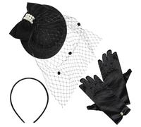 UDNFHL 1 Cappello A Prua Nero, 1 Paio Di Guanti Di Raso, Retrò Ed Elei Accessori Per Capelli Elei Per Donne, Accessori Per Abbigliamento Per Feste.