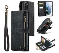 UEEBAI,Custodia a portafoglio per Samsung Galaxy S21 5G, in pelle sintetica di alta qualità, fatta a mano con scomparti per carte di credito, custodia a libro con tracolla, colore: Nero vintage