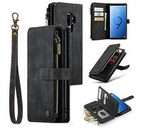 UEEBAI,Custodia a portafoglio per Samsung Galaxy S9 Plus, custodia in pelle sintetica fatta a mano per cellulare, con chiusura magnetica, cavalletto e cinturino da mano, colore: Nero vintage