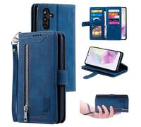 UEEBAI Custodia per Samsung Galaxy A35 5G, stile vintage, con chiusura lampo, in pelle PU, con 9 scomparti per carte di credito, funzione leggio, portafoglio, colore blu