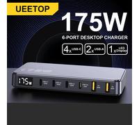 Ueetop Caricatore USB C GaN da 175 W Display a LED Caricatore da tavolo a 6 porte Tipo C PD 100 W PPS 45 W Ricarica rapida per MacBook Samsung iPhone