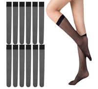 UEIOAVL Calzettoni da donna 6 paia di calzini trasparenti alti fino al ginocchio con fascia comfort tinta unita per gonna scolastica semplici accessori per feste da bambina calzini al polpaccio(neri)