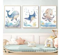 Ueiwffzo Set di 3 poster per la cameretta dei bambini, senza cornice, simpatico cartone animato con animali marini, decorazione da parete per cameretta dei bambini, decorazione (A,30 x 40 cm)