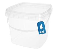Üka • 4 Secchi Trasparenti in Polipropilene da 5,4 L - 20x20x20,5 cm. Secchi Plastica Rigida con Coperchio. Contenitori Ermetici per Alimenti. Secchi Vuoti con Manico. Design Impilabile e Senza BPA.