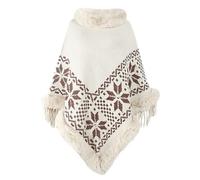 UERSJWYSO Mantella Poncho con Bordo In Pelliccia Sintetica Per Donna In Maglia con Scialle Pullover Perline Calda e Accogliente con Nappe,Beige,One Size