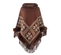 UERSJWYSO Mantella Poncho con Bordo In Pelliccia Sintetica Per Donna In Maglia con Scialle Pullover Perline Calda e Accogliente con Nappe,Marrone,One Size