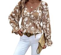 UERSJWYSO Top Casual da Donna con Ricami Floreali All'Uncinetto Sexy Scollo A V Bottoni Camicetta Trasparente Lavorata A Maglia E Traforata,Marrone,L