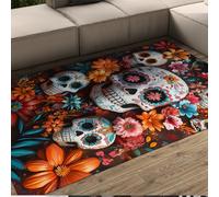 UERWOWELL Boho Art 180x340cm Throw Tappeti Giorno dei Morti Teschio di Zucchero Colorati Fiori di Campo Modello Tappetino Tappeto A Veli Bassi per Soggiorno Balcone