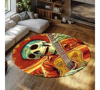 UERWOWELL Boho Skull Art 90cm - Tappeto rotondo Giorno del Morto Scheletro che suona il modello di chitarra Tappeto a pelo basso lavabile morbido per la decorazione della casa del dormitorio