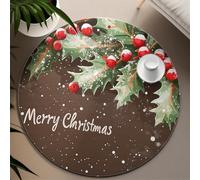 UERWOWELL Buon Natale 100cm Tappeto rotondo Bacche festive e agrifoglio stampa tappeto a pelo corto morbido lavabile portatile per soggiorno camera da letto cucina