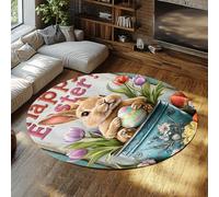 UERWOWELL Mattesino-tondo per coniglietti di Pasqua 160cm Coniglio marrone seduto in tappeti antiscivolo stampati in vaso tulipani e uova a pelo basso lavabile Decorazione per pavimenti