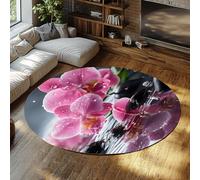UERWOWELL Pietre nere 90cm Tappeti rotondi Orchidee rosa Riflessione sull'acqua Design Cozy Moquette a pelo basso Facile pulire per la sala pranzo Ufficio Decorazione del pavimento