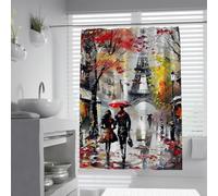 UERWOWELL Romantica Parigi Torre Eiffel Dipinto a olio Tende doccia Auunnale Albero rosso Pioggia Coppia Ombrello Rosso Decorazione bagno Tende doccia W180xL220 cm