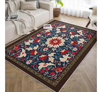 UERWOWELL Tappeti floreali classici Boho 100x150cm Arte orientale Tappetini a pelo basso Sfondo blu navy Bordo marrone Soggiorno Sala pranzo Arredamento