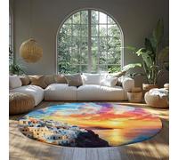 UERWOWELL Tappeti rotondi della città balneare 200cm Stile mediterraneo Romantico Santorini Tramonto Paesaggio Sottile Cerchio Tappeto per comodino soggiorno patio