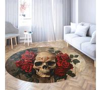 UERWOWELL Tappeti rotondi Shabby Chic Vintage Rose Pattern Lavabile Pieghevole Accogliente Tappeto a pelo basso per soggiorno Camera da letto Halloween Skull Decor 140cm